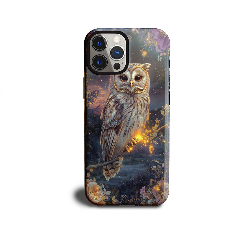 Phone case featuring a fantasy-style owl perched on a glowing floral branch under a twilight sky, with surrounding flowers and stars.