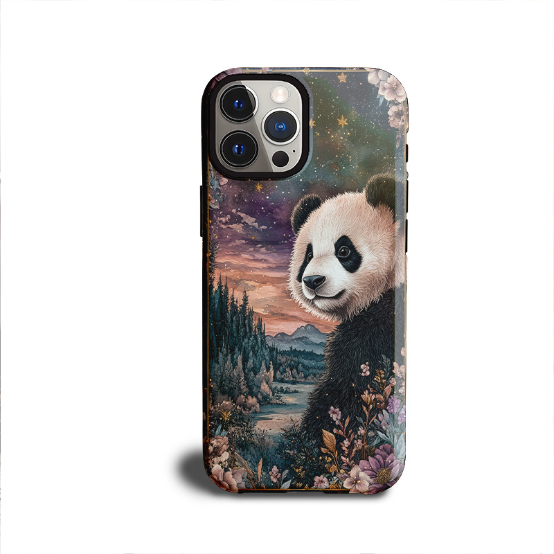 Phone case design featuring a panda in a fantasy forest scene under a twilight sky, with stars, trees, and pastel flowers in the background.