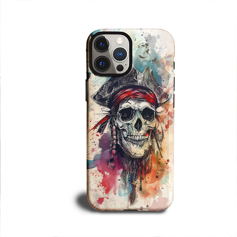 Phone case design featuring a watercolor-style pirate skull with a red bandana and tricorn hat, surrounded by colorful paint splashes.