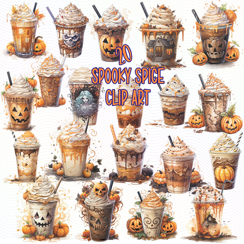 20 spooky pumpkin spice coffee drinks with Halloween themes including skulls, pumpkins, haunted houses, and whipped cream