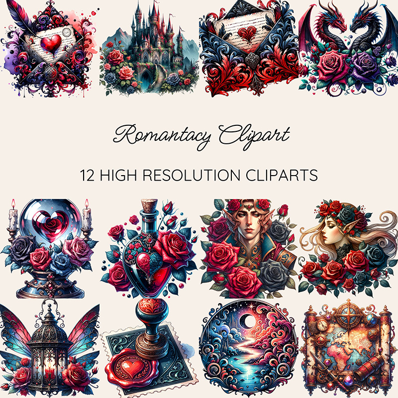 Romantacy clipart bundle featuring 12 fantasy romance PNGs including dragons, castles, roses, wax seals, potions, and gothic decor elements