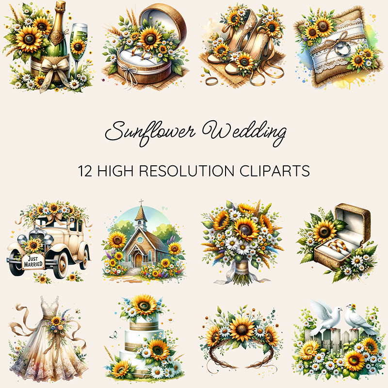 Sunflower Wedding Clipart Set including bridal gown, bouquet, cake, vintage car, chapel, and doves with sunflowers