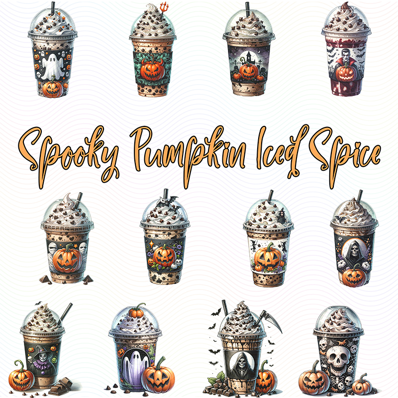 Halloween-themed pumpkin spice coffee cup clipart bundle with cute spooky designs