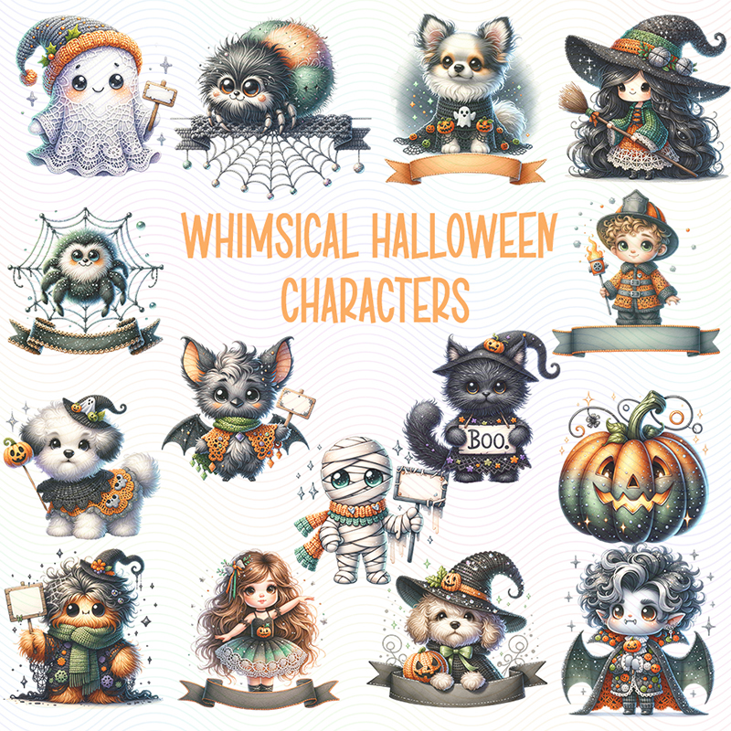 A collection of 16 whimsical Halloween character illustrations including a ghost, spider, puppy, bat, witch, mummy, cat, pumpkin, and more—each drawn in a cute, cartoon style with Halloween-themed accessories.