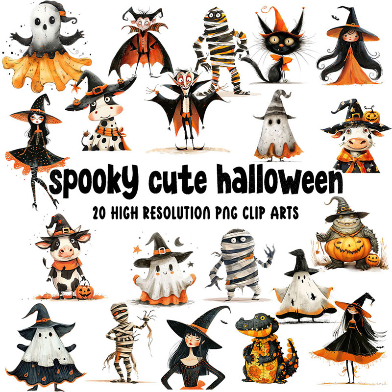 Cute Halloween clipart PNG set with witches, ghosts, cows, pumpkins, and mummies for sublimation projects
