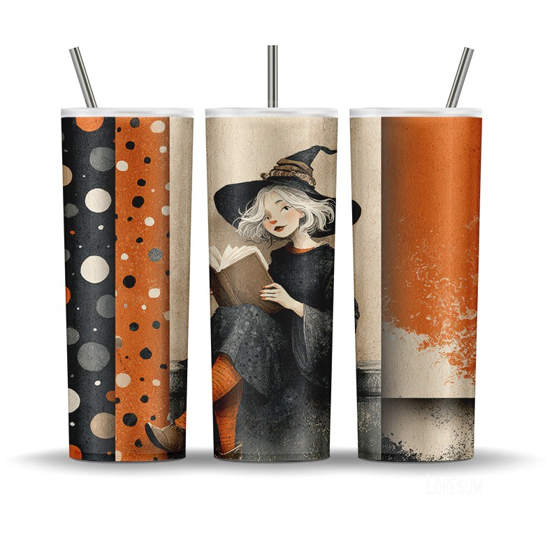 Retro witch lady tumbler wrap with distressed polka dots in orange, beige, and black. Vintage sublimation PNG for 20oz tumblers.