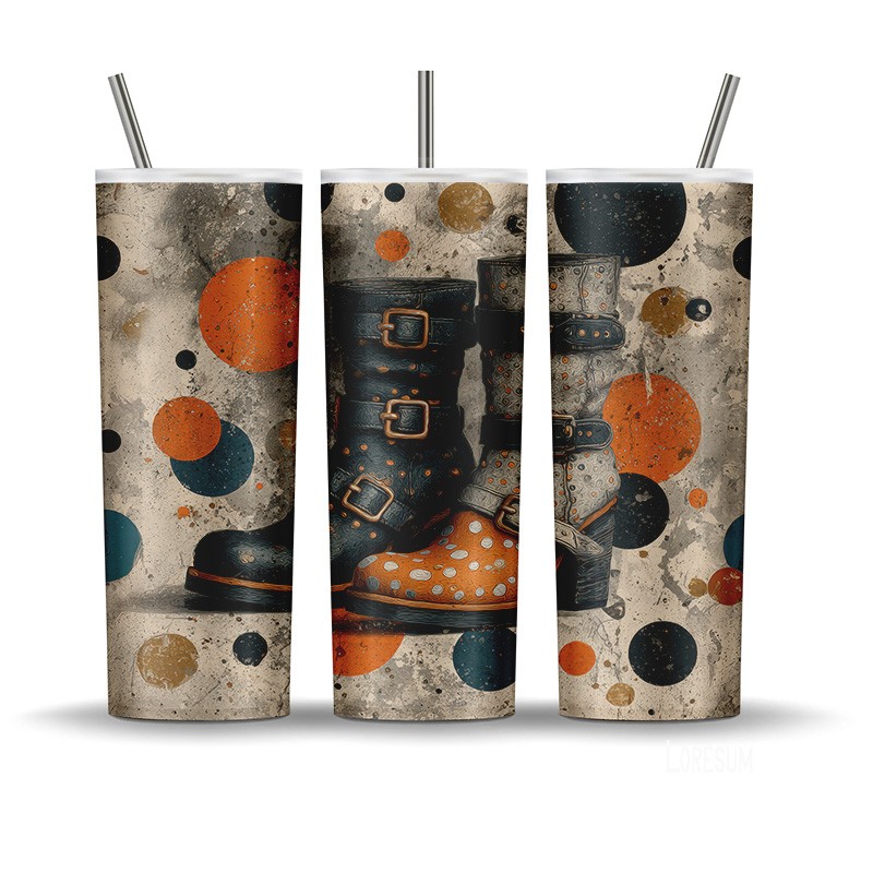 Retro witch boots tumbler wrap with distressed orange and teal polka dots. Vintage sublimation PNG for 20oz tumblers.