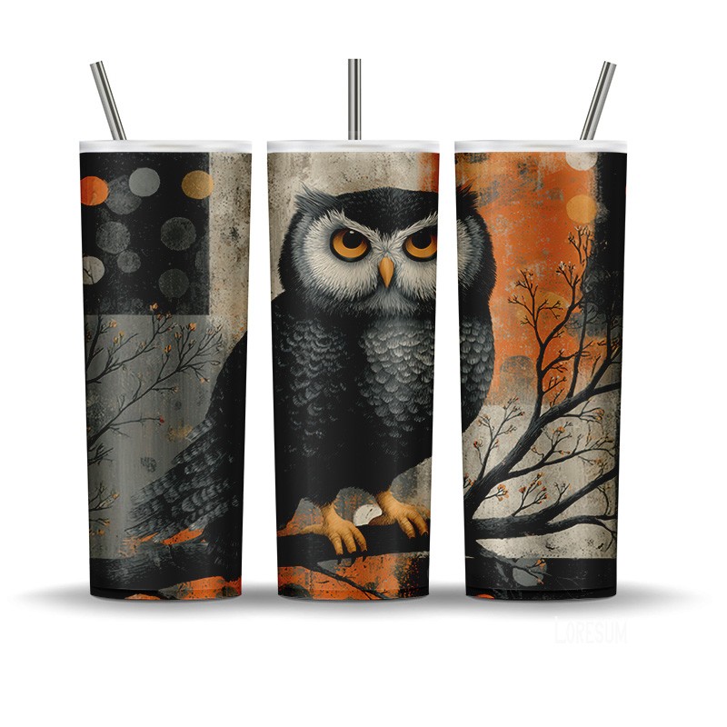 Retro distressed owl Halloween tumbler wrap with vintage polka dots and tree branch design for 20oz sublimation.