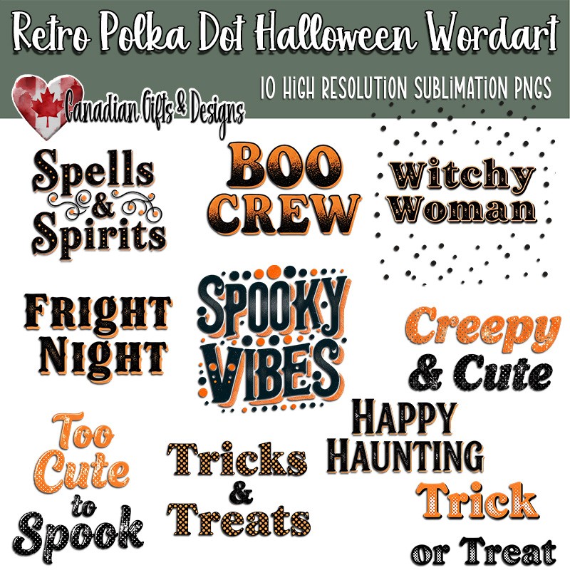 Retro Halloween word art PNG bundle with distressed polka dot lettering. Vintage spooky sublimation designs for 20oz tumblers and crafts.