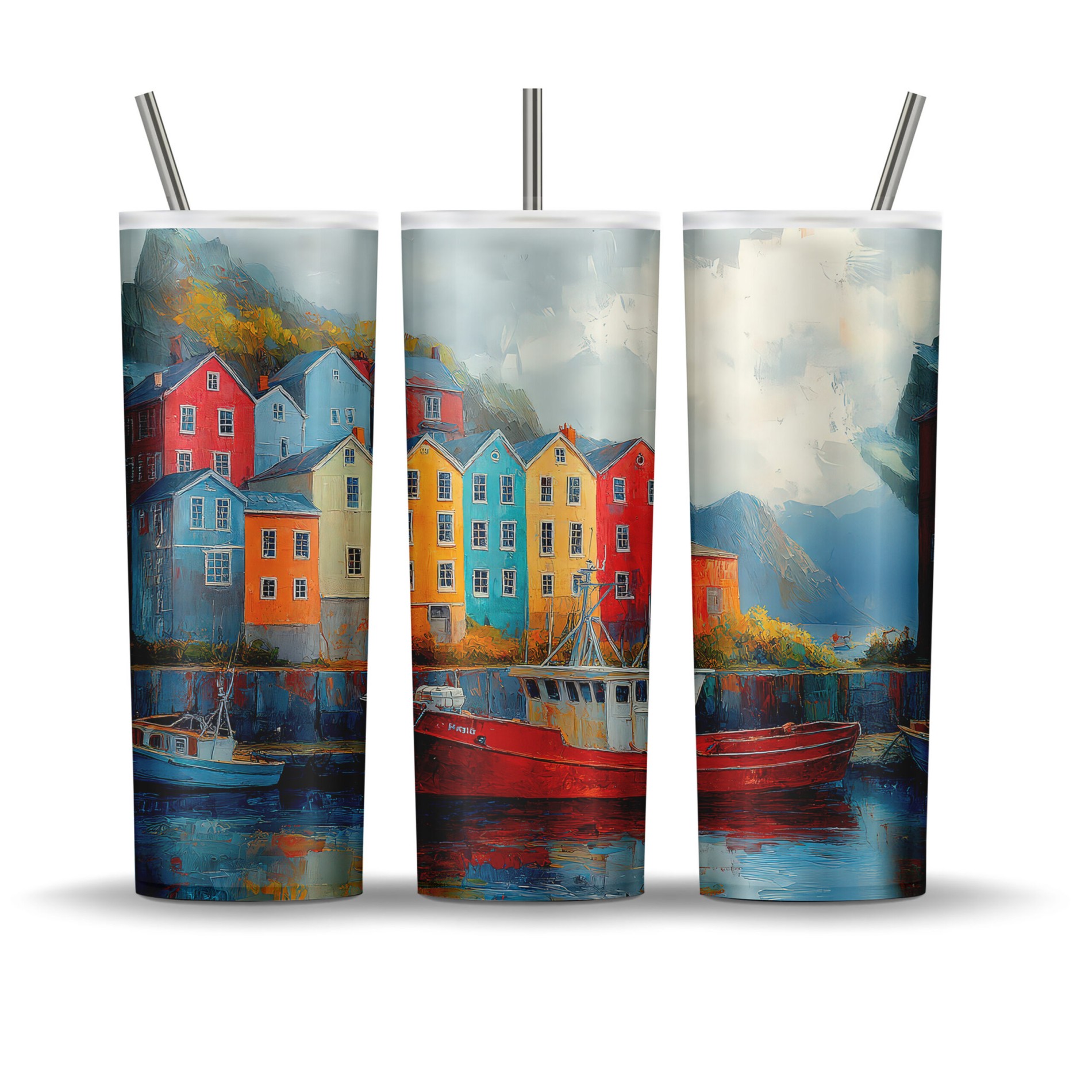 Colorful Jellybean Row houses tumbler wrap with boats and Newfoundland harbor scene, sublimation design for 20oz tumblers