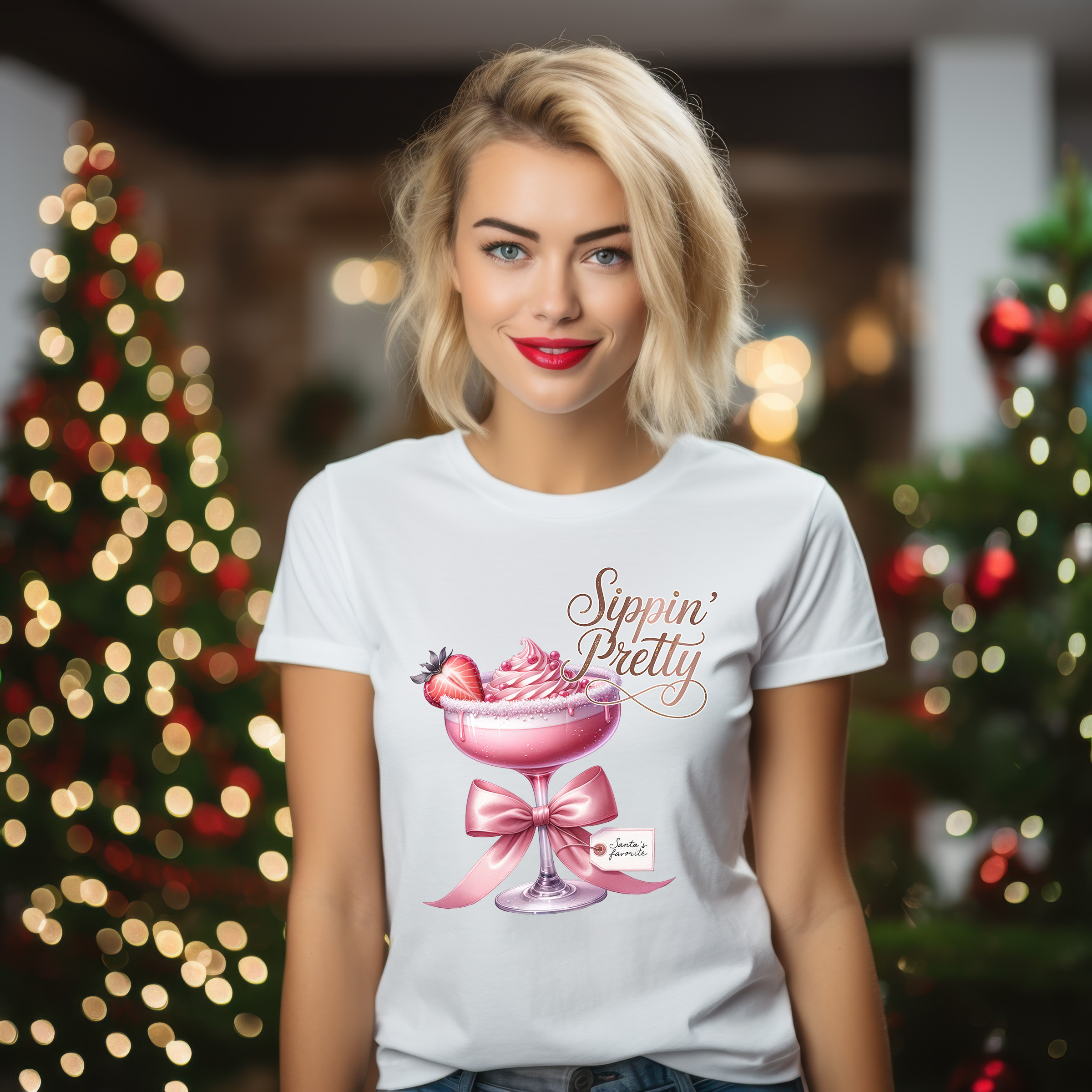 Sippin’ Pretty Sublimation PNG featuring a pink strawberry cocktail with satin bow and festive holiday accents