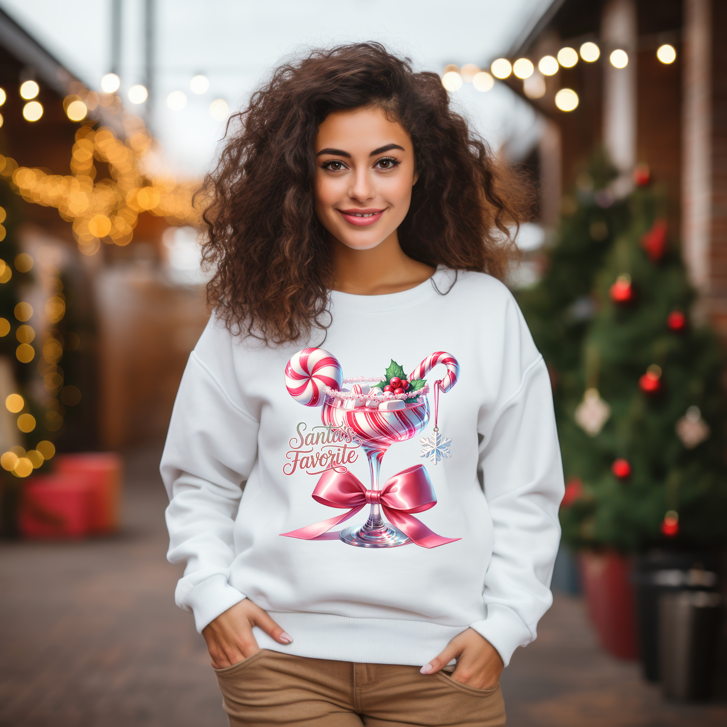 Santa’s Favorite Sublimation PNG featuring a candy cane martini glass with peppermint stripes, holly, and a red bow