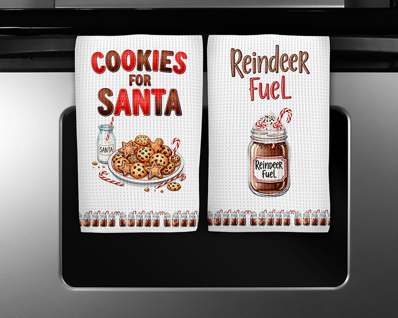 Two Christmas-themed sublimation PNG designs featuring “Cookies for Santa” and “Reindeer Fuel” with matching hot cocoa mug border