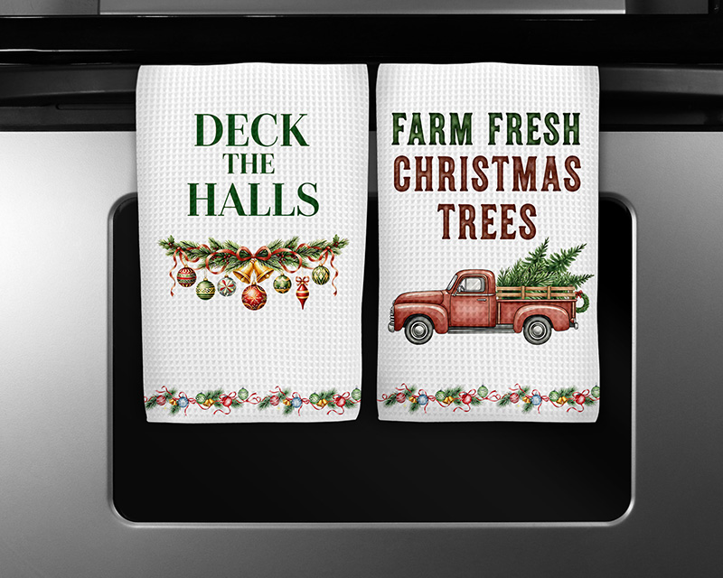 Two rustic Christmas sublimation PNG designs featuring “Deck the Halls” and “Farm Fresh Christmas Trees” with a vintage ornament border