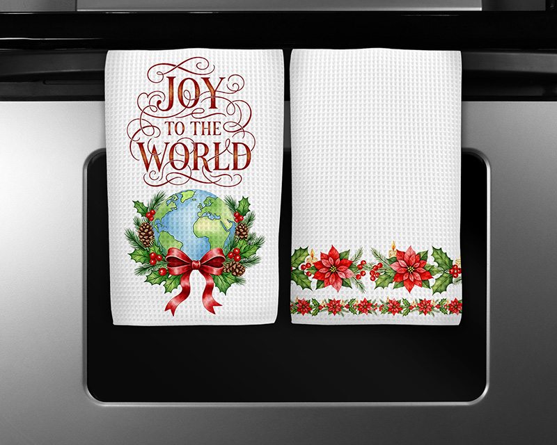 Christmas sublimation PNG design featuring “Joy to the World” with wreath and matching poinsettia border