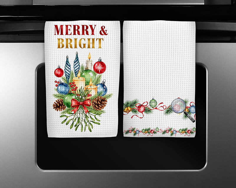 Christmas sublimation PNG design featuring “Merry and Bright” with a candle cluster and matching festive border