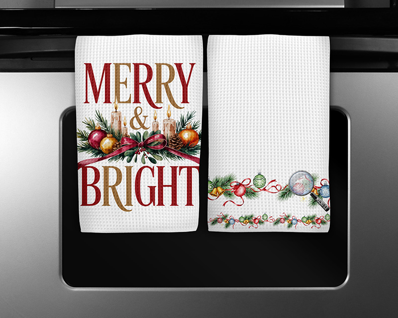 Christmas sublimation PNG design featuring “Merry and Bright” with candles and ornaments, plus matching festive border