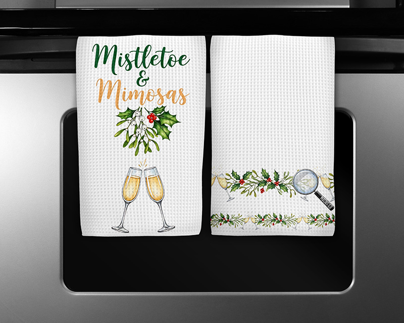 Christmas sublimation PNG design featuring “Mistletoe and Mimosas” with champagne glasses and coordinating festive border