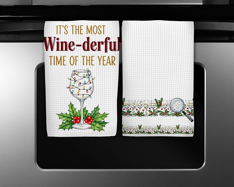 Christmas sublimation PNG design featuring “Wine-derful Time of the Year” with wine glass and coordinating holly border