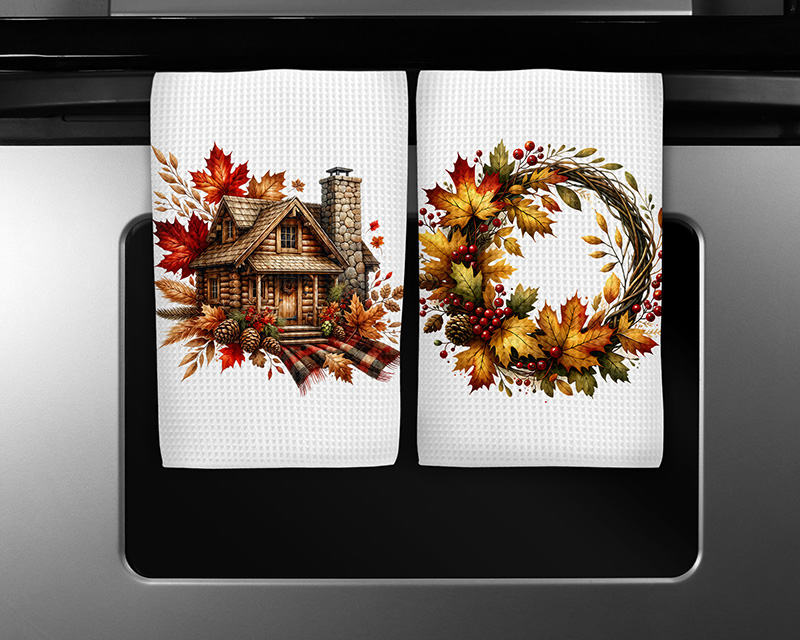 Fall kitchen towel sublimation designs featuring Rustic Cabin and Autumn Wreath watercolor illustrations with plaid, pinecones, and maple leaves.