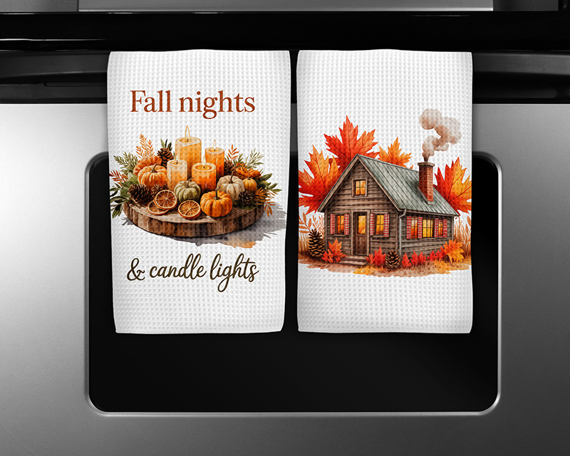 Fall kitchen towel sublimation designs featuring Fall Nights & Candle Lights watercolor illustrations with rustic cabin, pumpkins, and candles.
