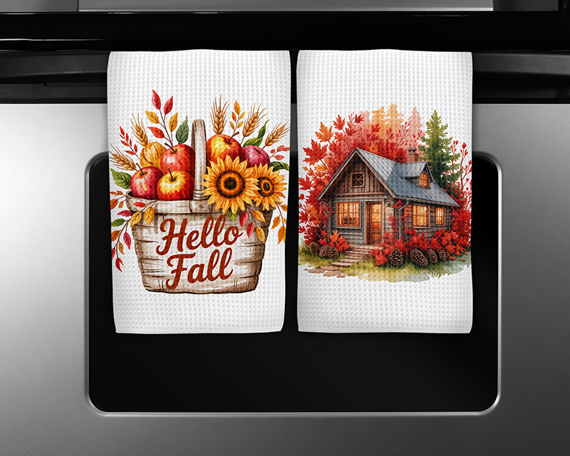 Fall kitchen towel sublimation designs featuring Hello Fall and Rustic Cabin watercolor illustrations with apples, sunflowers, and autumn leaves.