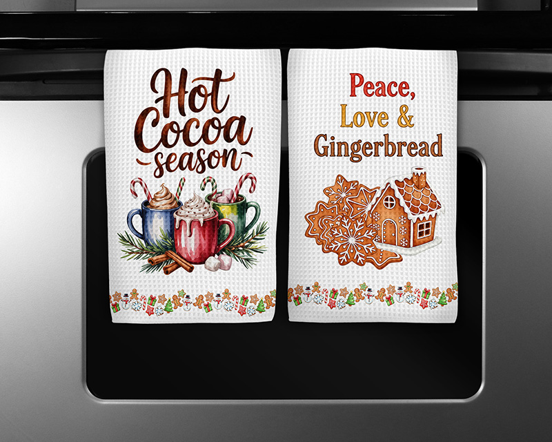Two Christmas sublimation PNG designs featuring “Hot Cocoa Season” and “Peace Love Gingerbread” with matching gingerbread cookie border