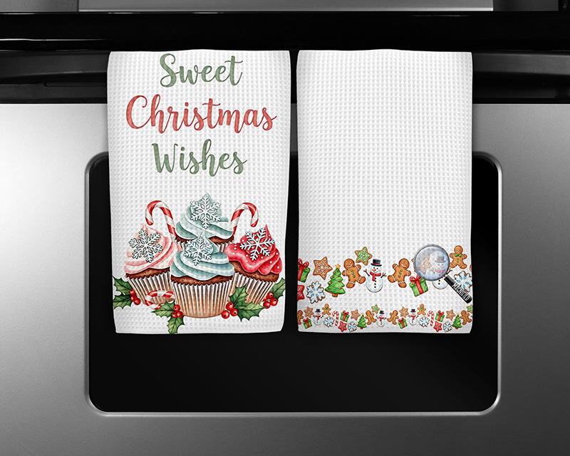 Christmas sublimation PNG design featuring “Sweet Christmas Wishes” with cupcakes and matching gingerbread cookie border