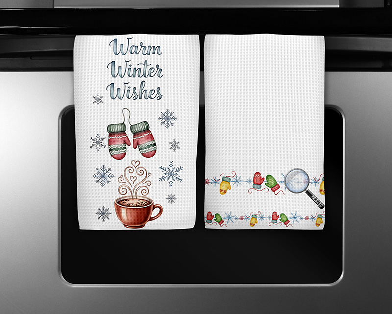 Winter sublimation PNG design featuring “Warm Winter Wishes” with mittens, cocoa cup, and matching snowflake border