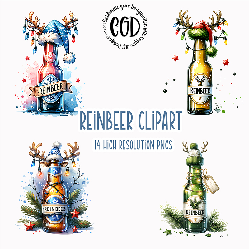 Funny Christmas Reinbeer clipart set featuring reindeer beer bottles with Santa hats, lights, and Canadian holiday details.