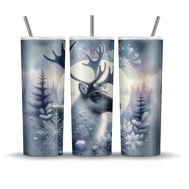 Watercolour caribou standing in a snowy winter forest with frosted leaves and soft arctic light, designed as a 20 oz tumbler wrap.