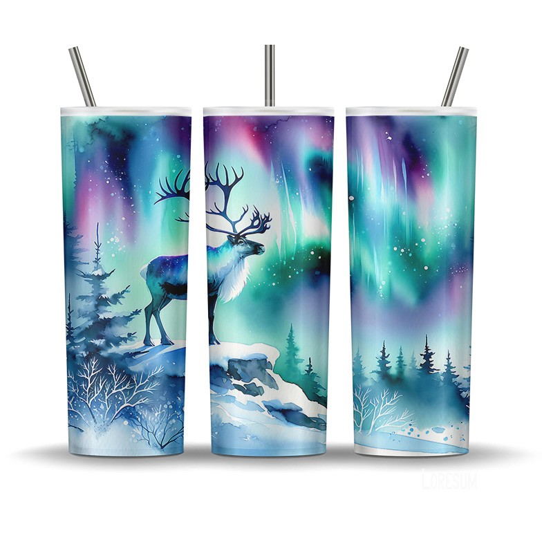 Watercolour caribou standing on a snowy ridge beneath vibrant northern lights, designed as a 20 oz tumbler wrap.