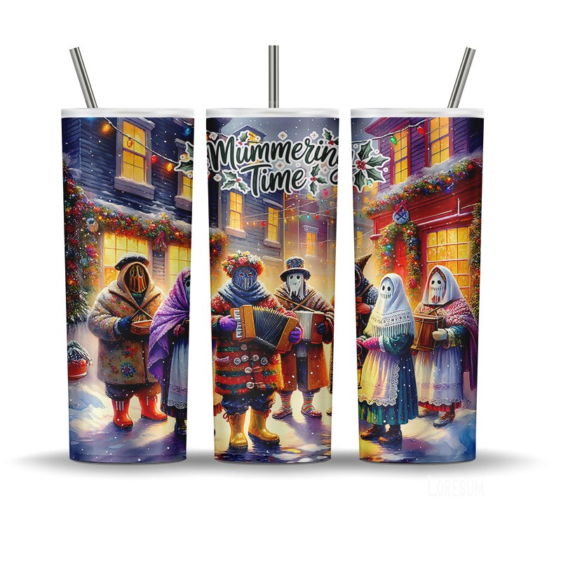 Mummering Time Christmas tumbler wrap with traditional East Coast mummers in colourful costumes
