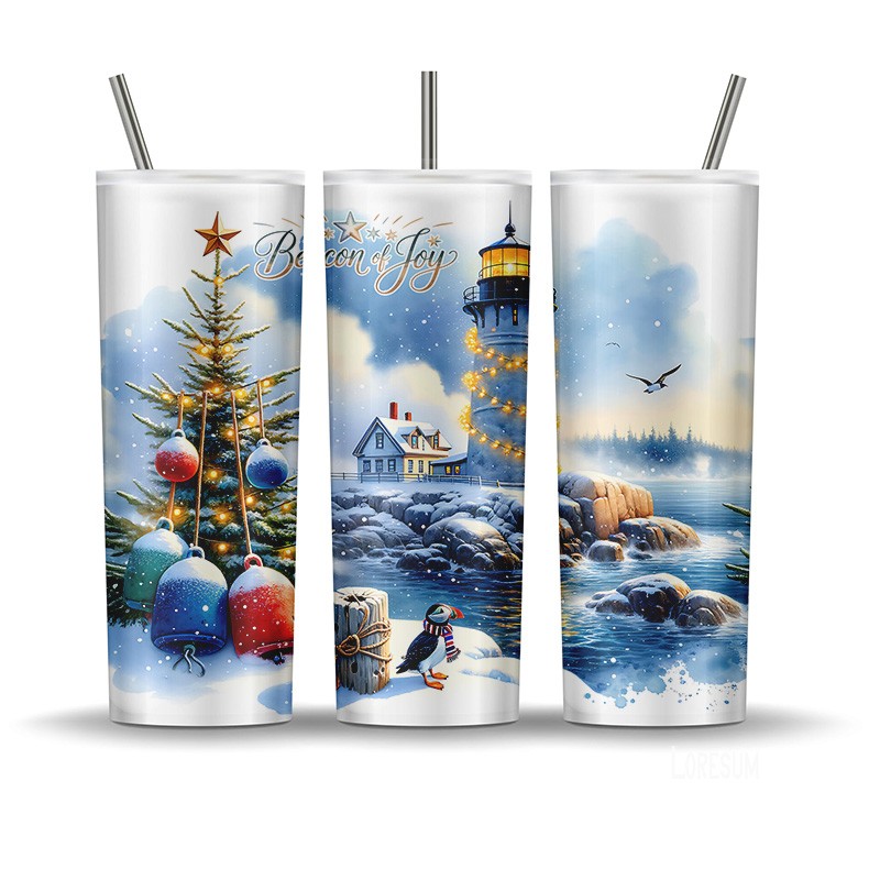 East Coast Christmas lighthouse tumbler wrap with puffin, snow, buoys, and festive coastal scene