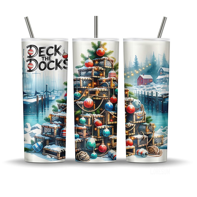 Lobster trap Christmas tree tumbler wrap with buoys, lights, and snowy harbour scene