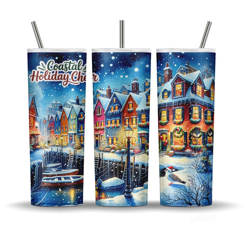 Coastal Christmas village tumbler wrap with snowy harbour and festive houses