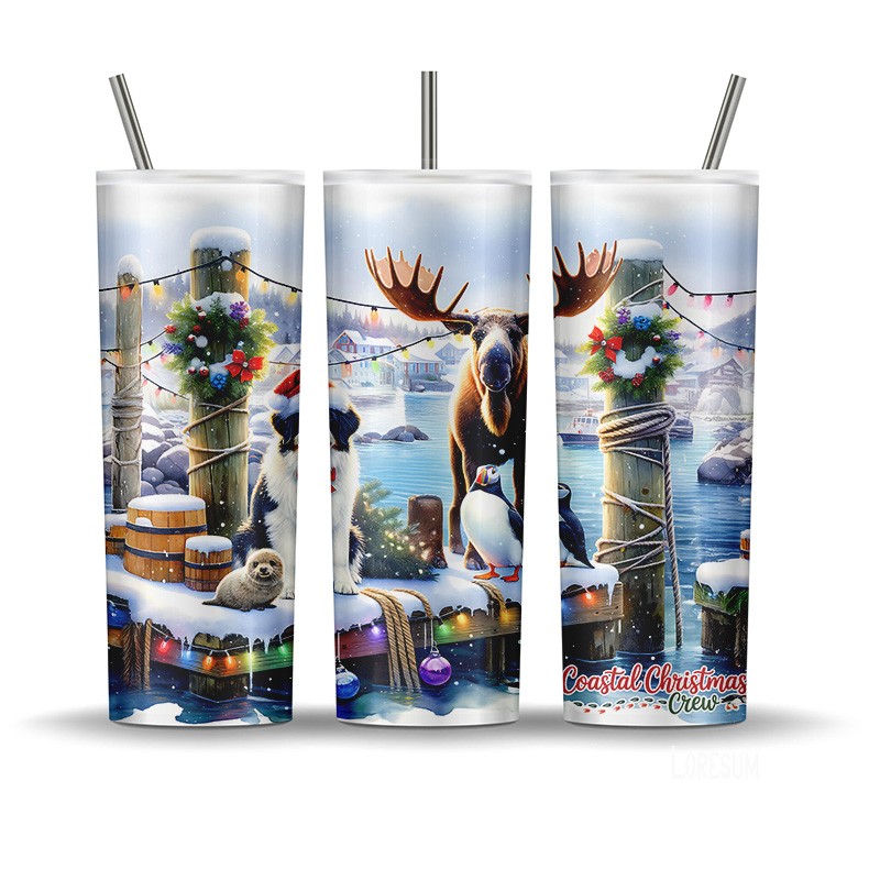 Coastal Christmas tumbler wrap with moose, puffins, seal pup, dog, and festive wharf scene
