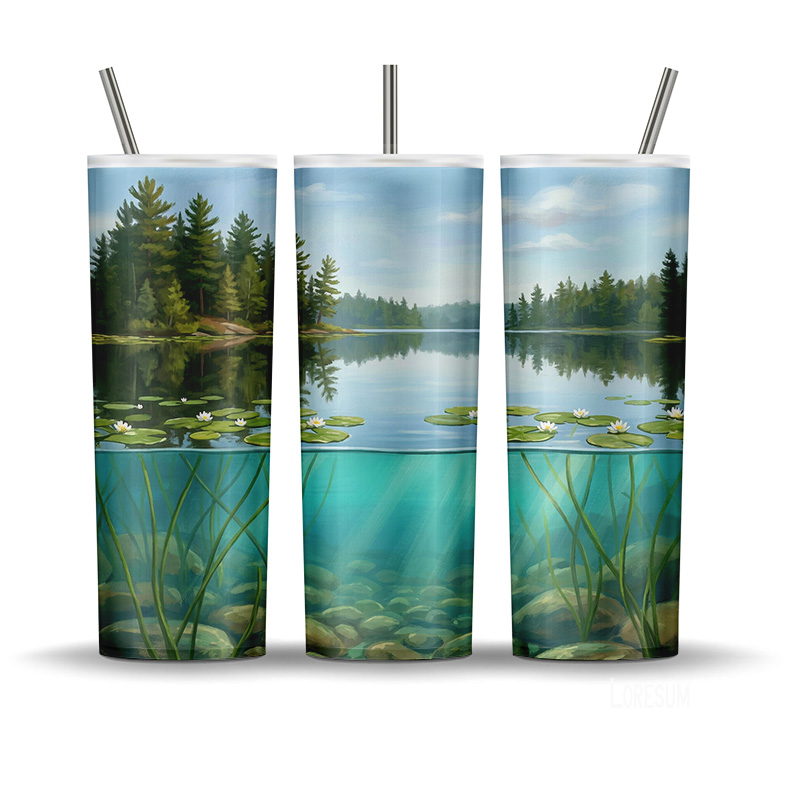Kawartha Lakes tumbler wrap PNG with water lilies, calm lake, forest shoreline, and underwater freshwater scene