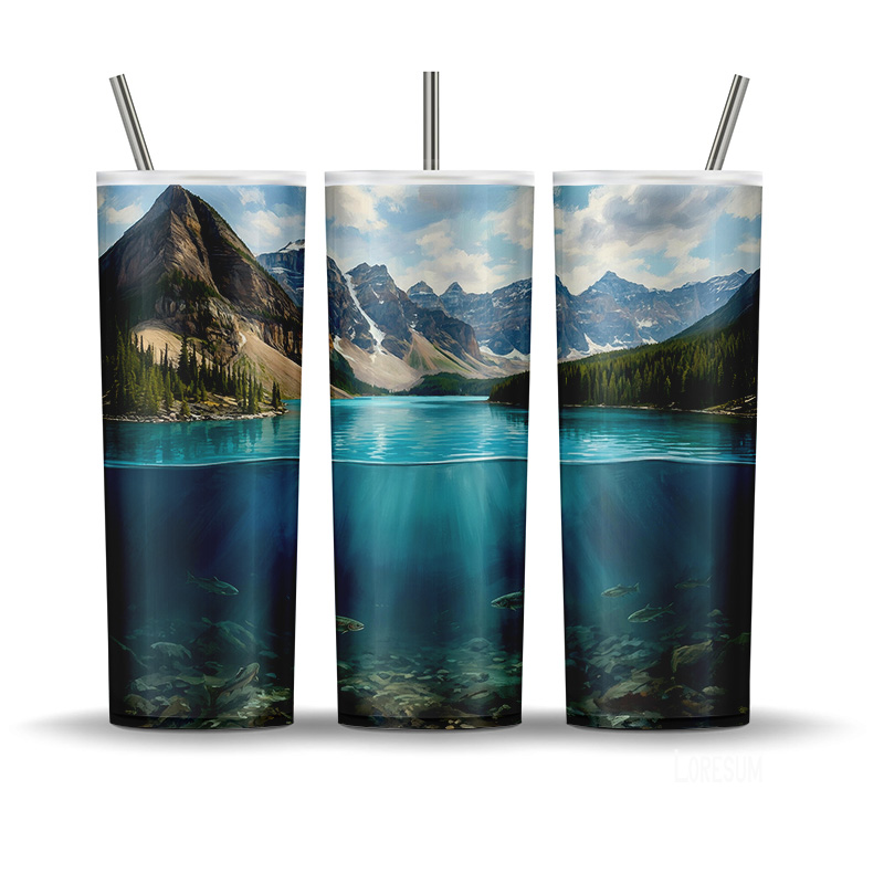 Moraine Lake water split tumbler wrap PNG with deep glacial water, Rocky Mountains, and underwater fish