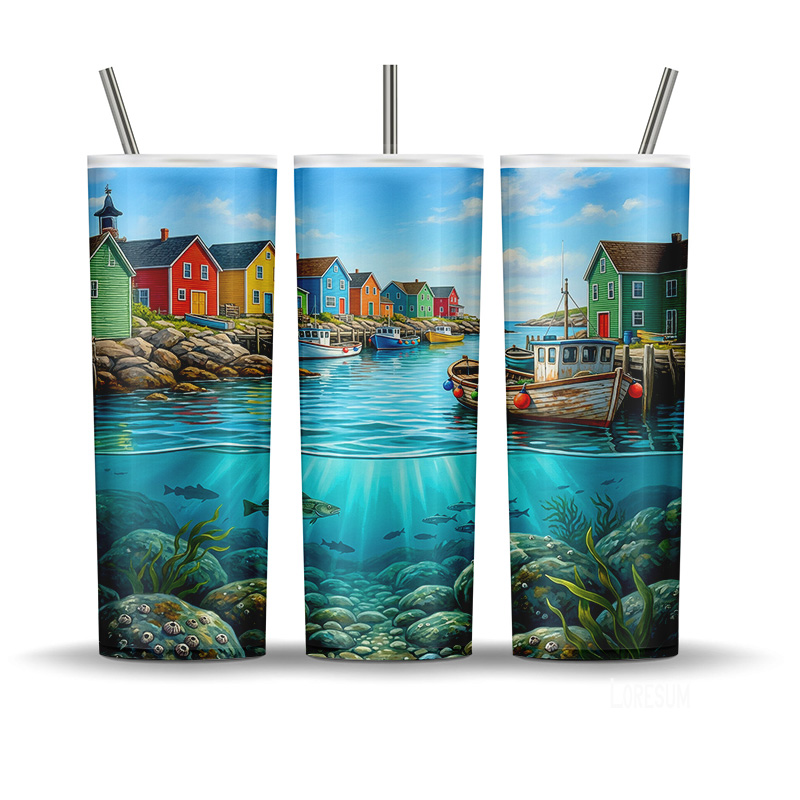 Newfoundland harbour tumbler wrap PNG with colourful jellybean houses, fishing boats, and underwater ocean scene
