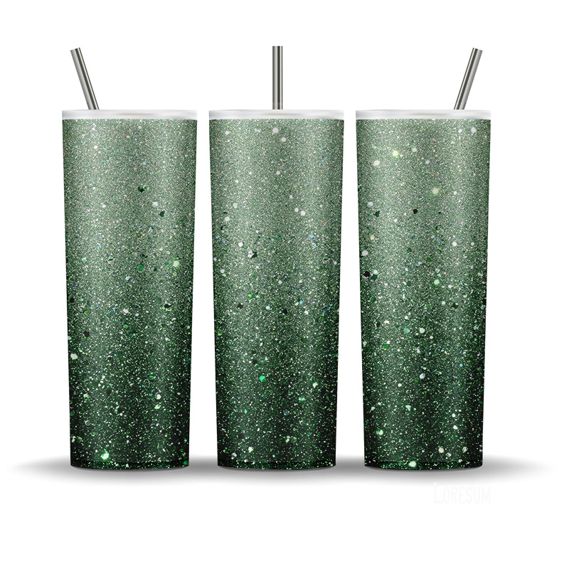 Sage glitter ombre 20oz skinny tumbler wrap PNG with green sage sparkle gradient design