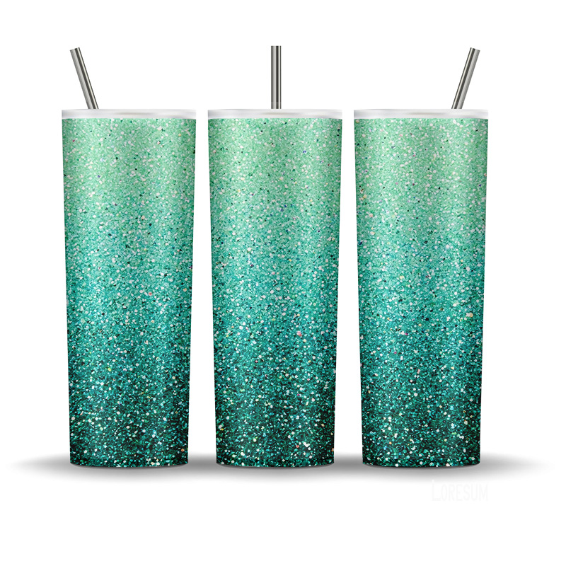 Spearmint glitter ombre 20oz skinny tumbler wrap PNG with mint teal sparkle gradient design