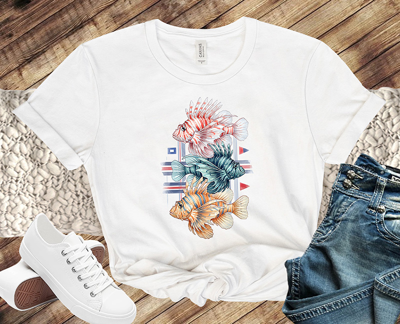 Preppy lionfish trio design with three stacked striped fish in coral teal and sandy gold over a geometric coastal background