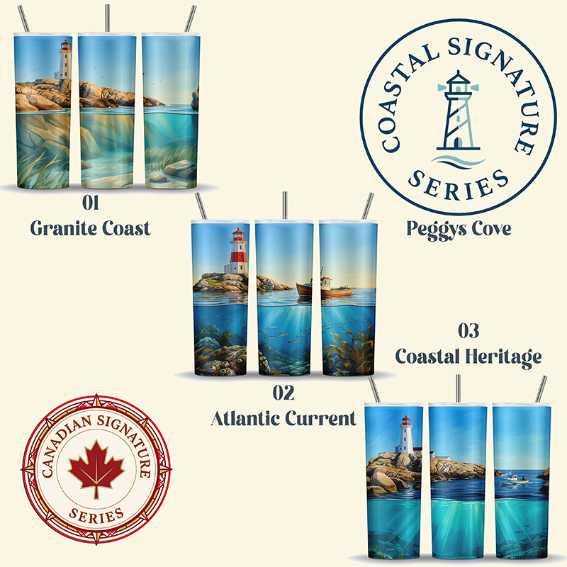 Explore the rugged beauty of Canada’s Atlantic coastline with the Peggy’s Cove Coastal Collection, a three-design tumbler wrap bundle from the Canadian Coastal Signature Series.