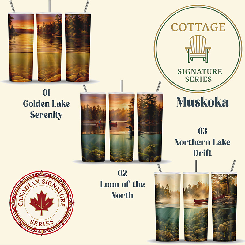 Muskoka Cottage Collection bundle tumbler wraps featuring lake sunset, loon, and canoe water split designs
